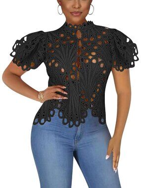 🆕Women’s Black Lace Ruffle Puff Short Sleeve Button Down Tops Flare Tunic
